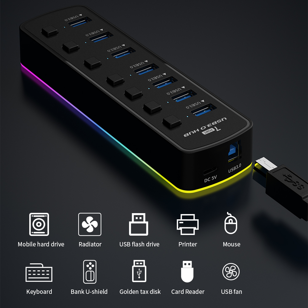 RGB USB 3.0 Hub 7 منافذ محول م - مراجعة Esports Gaming Splitter وسعره